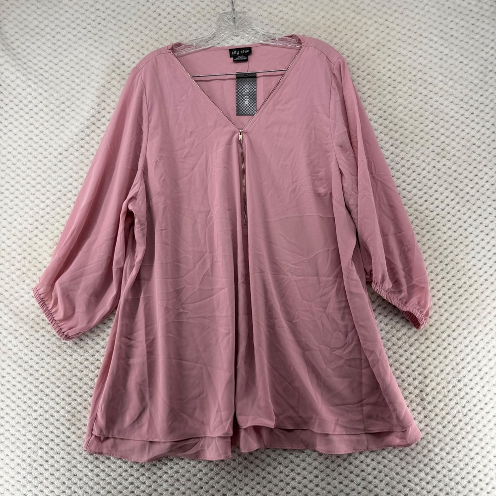 City Chic Rosey Pink XL Tunic Top Sexy Fling E/S 3/4‎ Sleeve Zipper Plus Size